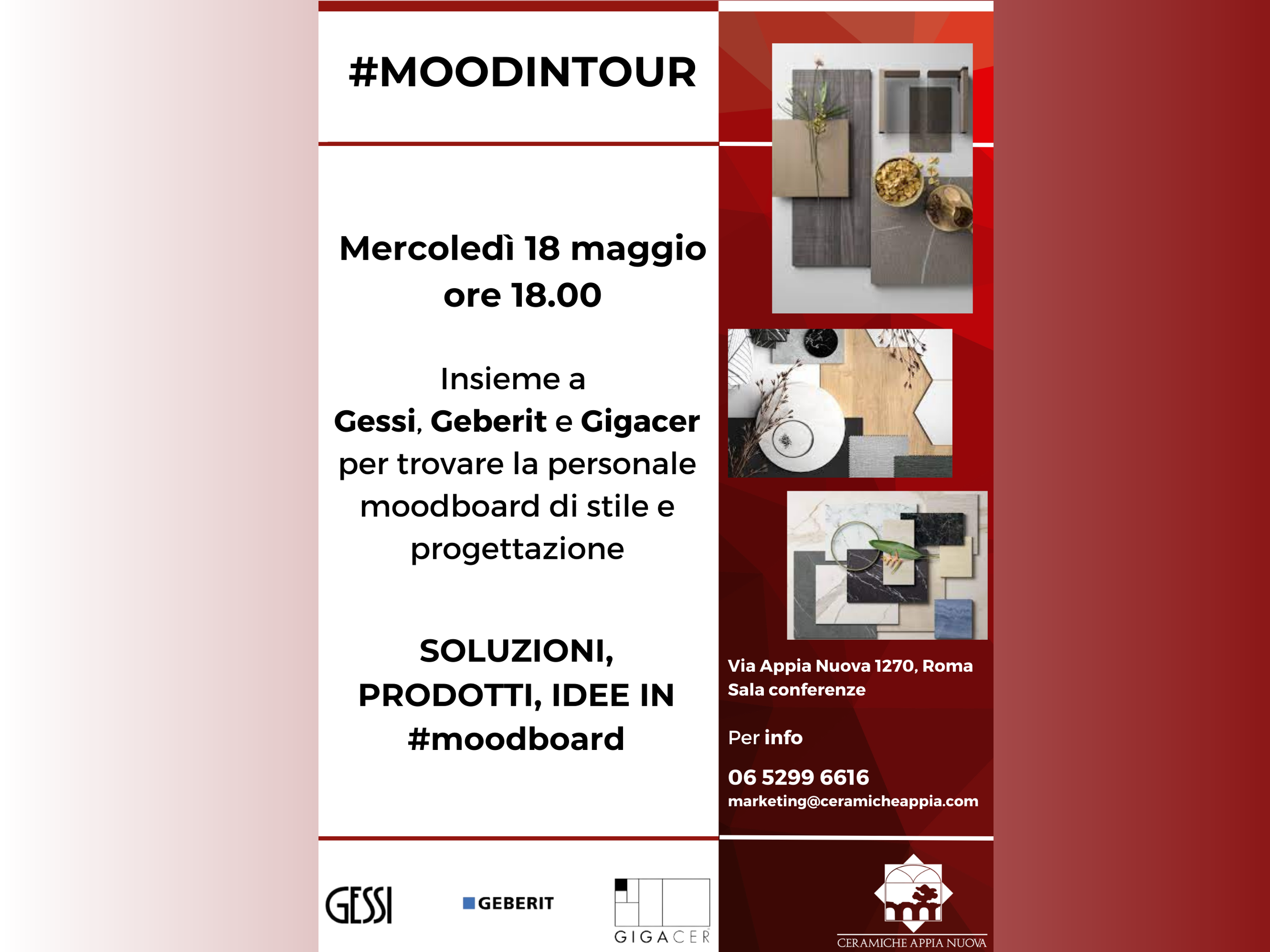 #moodintour, mercoledì 18 maggio, sala conferenze Ceramiche Appia Nuova